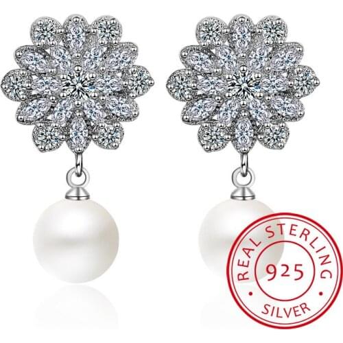 Classic 925 Sterling Silver Drop Earring For Women Fine Freshwater Pearl Zirconia Pendant Earring Crystal Wedding Gift