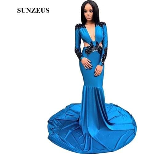 Long Sleeves Blue Prom Dress With Black Appliques Sequins Deep V-neck Mermaid Party Gowns Vestidos Compridos