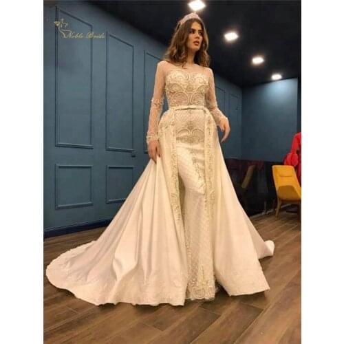 Modest Dubai Champagne Wedding Dress Bridal Gown Long Sleeve Heavy Beads Mermaid Wedding Dresses With Removable Train