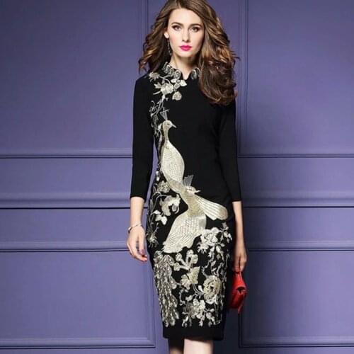 Spring Chinese National Style Peacock Retro Dress Stylish Embroidery Slim Ladies Sheath Dresses Celebrity Party Women Dress