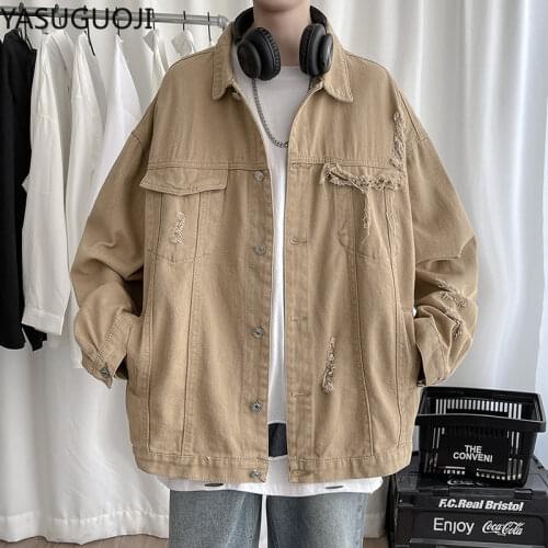 YASUGUOJI 2021 Spring New Mens Jean Jacket Fashion Loose Black Denim Jacket Streetwear Green Khaki Ripped Hole Jean Coats Men