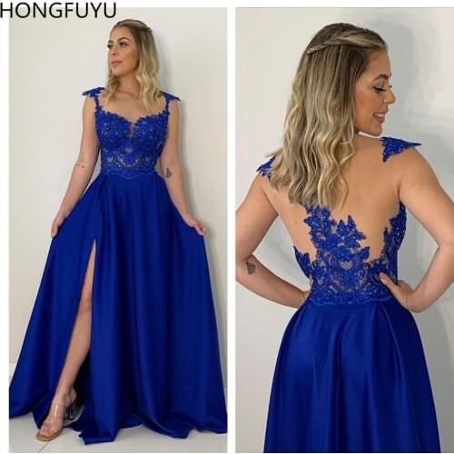 HONGFUYU Royal Blue Satin Formal Evening Dresses Side Slit Scoop Appliques Lace Prom Party Gowns for Women vestidos formales