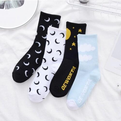Women Funny Cute Socks Star Moon Cartoon Socks 100 Cotton Harajuku Kawaii Full Casual Socks Women Designer Crew Socks Mori Girl