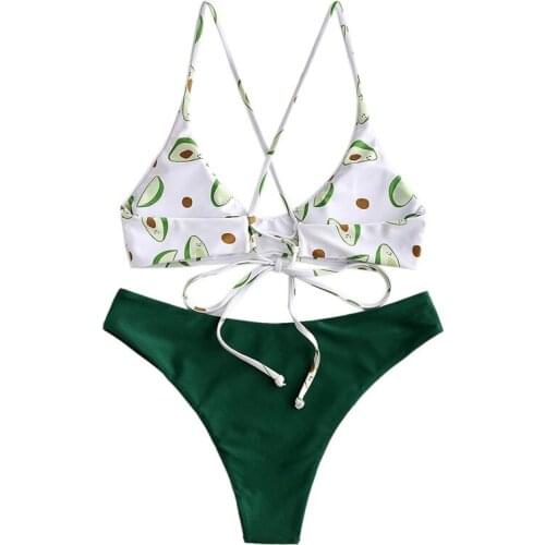 Ladies Split Bikini Set Leisure Style Creative Avocado Printing Lace Up Sexy Backless Bikini 2021 Summer Women Swimsuit