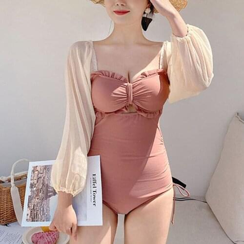 Korea Chiffon Long Sleeve One Piece Swimsuit Women Solid Pink Swimwear Ruffle Monokini Bandeau Bathing Suit Push Up Swim Suit