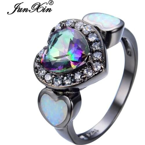 JUNXIN Romantic Latest Female Opal Heart Ring Rainbow Color Black Gold Filled Women Wedding Jewelry Promise Rings For Her RB0536