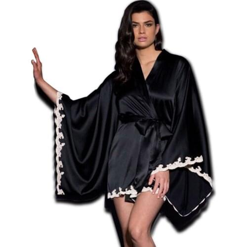 2018 Spring Summer Faux Silk Bat Sleeve Women Robe Lace Noble Loose Loungewear Sexy Lady Bathrobe Homewear Mini Nightgown