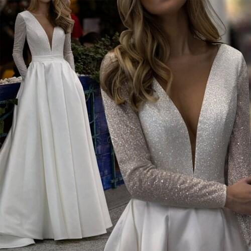 Sparkle Satin Wedding Dresses for Women V-Neck Backless Long Sleeve Bridal Gowns With Pocket Plus Size Vestido De Noiva