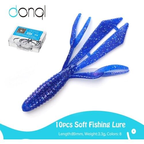 DONQL 10PCS Soft Silicone Bait 3.5inch Fishing Lure Set+5pcs Offset Crank Hooks Worm Easy Shiner Swimbait Fishing Tackle Set