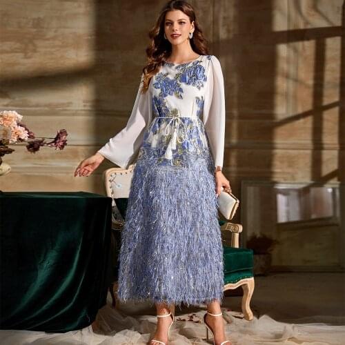 Dubai Arab Muslim Hijab Dress Women Feather European American Clothing Caftan Turkey Vestidos Musulman Marocain Long Robe Kimono