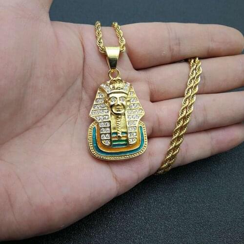 Egyptian Pharaoh Necklace Zircon Sphinx Pendant Stainless Steel Chain Ice Out Rhinestone Necklace Women Mens Hip Hop Jewelry