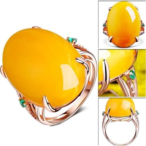 European Big Oval Yellow Stone Open Rings for Women Rose Gold Color Small Green Zircon Opal Ring Vintage Wedding Jewelry