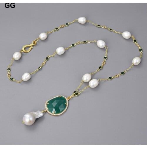GuaiGuai Jewelry 26'' White Rice Pearl Green Jades Crystal Chain Necklace Keshi Pearl Pendant