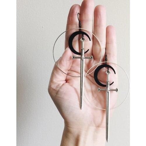 Moon- Sword -Earrings-Goth- Jewelry-Witchy Gothic-Tarot-Dagger-Jewelry-Alternative-Occult earrings,Crescent moon earrings