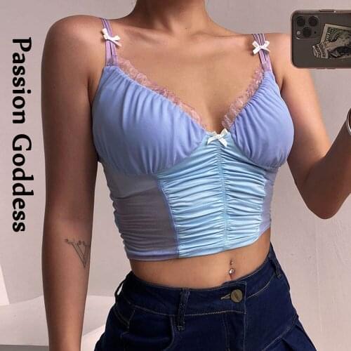 Cute Women Lace Mesh Camis Tops Bandage Bowknot Camisole Slim Blusa Bustier Lingerie Lace Ruffled Bralette Party Sexy Crop Top