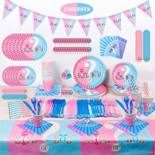 Gender Reveal Party Supplies Tableware Set Baby Shower Partyware Kit Flatware Plates Dinnerware Cake Girl or Boy Decorations
