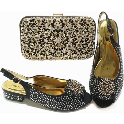 2021 New Arrival Italian Design Noble Black Color Party Ladies Shoes and Bag Set With Special Crystal and Metal Decoration