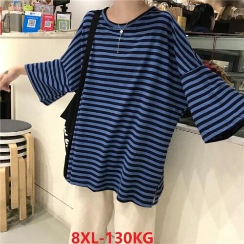 Autumn women half sleeve tshirt striped plus size 7XL 8XL blue loose oversize tees tops cheap big sale cotton t-shirts yellow 58