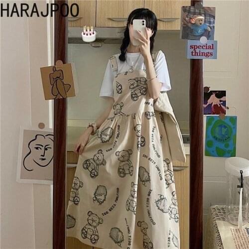Harajpoo Women Dress Strap Female 2021 Summer Harajuku Style New Loose Korean Student Tool All Match Cartoon Bear Print Vestido