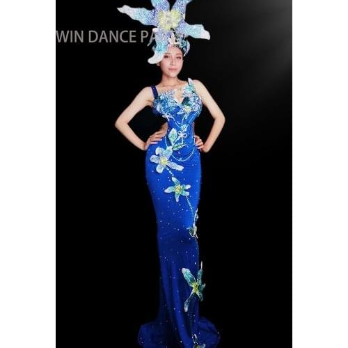 New Flowers Stones Stretch Blue Dress Womens Birthday Celebrate Dance Outfit Female Singer Show Dress Sexy Appliques Long Dress