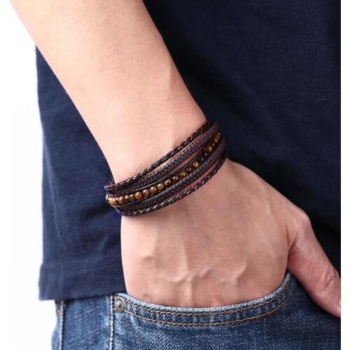 Fashion Braided Multi-layer Genuine leather Bracelets Men Tiger eye Stone Rope Stainless Steel Charm bracelet Women Male Jewelry