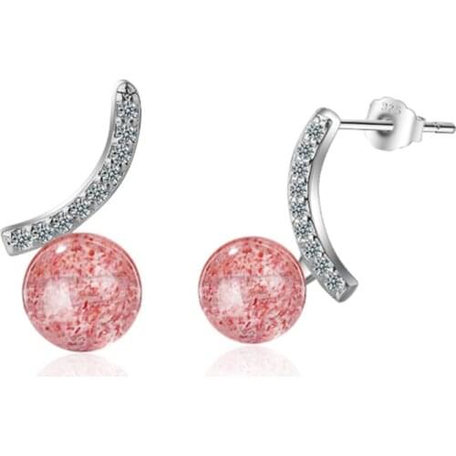 Simple and sweet personality temperament trend wild pink strawberry crystal silver plated stud earrings WE075