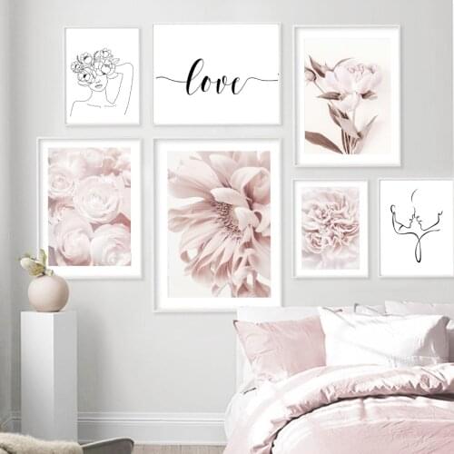 Pink Peony Flowers Line Woman Wall Art Print Canvas Painting Nordic Poster Wall Pictures For Living Couples Lovers Room Decor