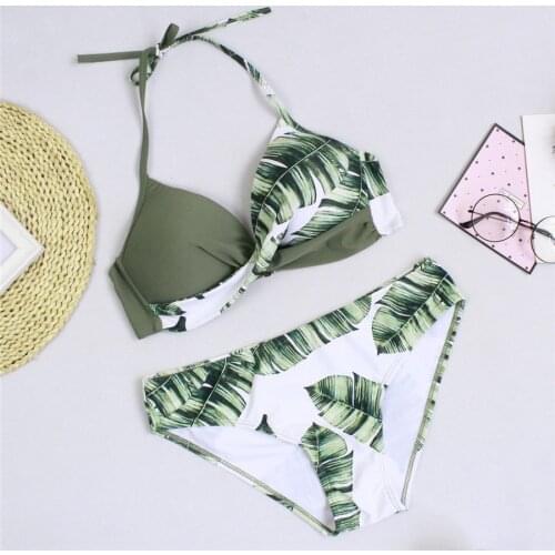 Sexy Push Up Bikinis Set Swimwear Women Swimsuit Bathing Suit Women Halter Biquini Leaf Print Beach Wear Swimming Suit for Women