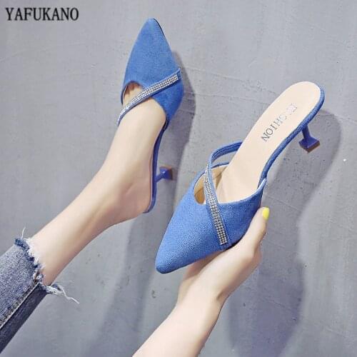 Baotou Half Slippers 2020 Summer Outdoor Pointed Toe Stiletto Heels Elegant Rhinestone Dress Slides Mules Slippers Lady Pumps