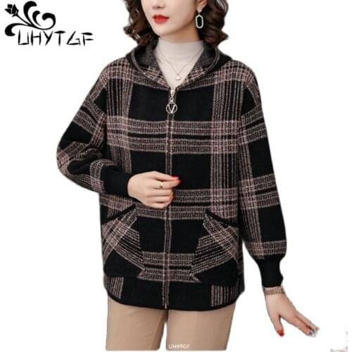 UHYTGF Knitted Cardigan For Women Spring Autumn Sweater Jacket Fashion Plaid Hooded Casual Mother 5XL Plus Size Tops Coat 1549