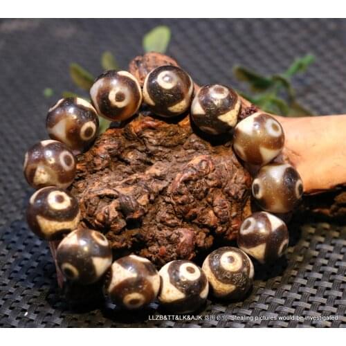 UPD0514A14 Energy Tibetan Old Agate Tiger Tooth 3 Eye Round dZi Bead Amulet Totem Bracelet Timestown zhang