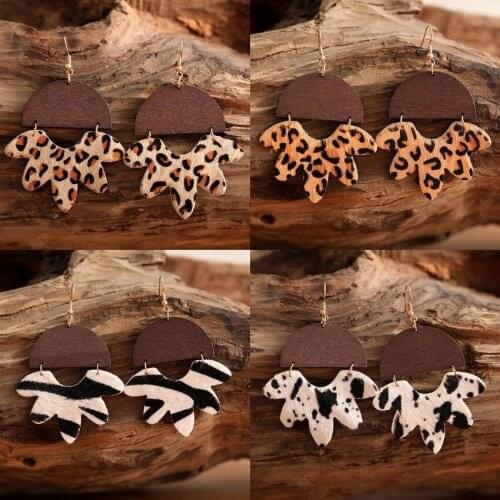 Geometric Semicircle Wood Link Leopard Zebra Animal Print Genuine Leather Flower Drop Earrings Women Fashion Creative Jewelry