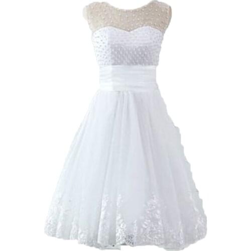 2020 Luxury White Pearl Short Wedding Dress Scoop Neck Lace Belt Simple Short Bride Dress Robe De Mariee