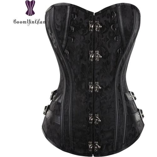 Locking Closure Steam Punk Style Women Waist Shapewear Overbust Corset Bustier With G String Black Brown 916