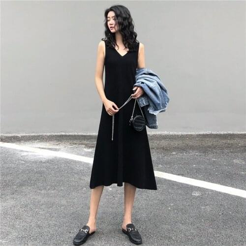 Women Maxi Dress Sleeveless Dresses Sexy V-neck Knitted Vest Dress Long A-line Evening Party Dresses