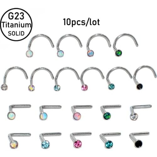 10Pcs/lot G23 Titanium Opal CZ Gem L Shape Nose Pin Studs Ring Fashion Earrings Nose Septum Body Piercing Jewelry Gift 20g