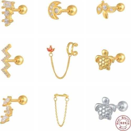 Aide 925 Sterling Silver White Cubic Zirconia Leaf Branch Stud Earrings For Women Moon Shape Wave Line Chain Ear Studs Jewelry