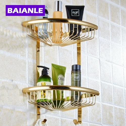 Free Shipping Golden Brass Bathroom Shelves 2-Tier Bathroom Storage Basket Wall Mount Bathroom Shelf