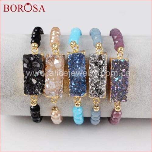 BOROSA New Rectangle Gold Color Natural Crystal Druzy Titanium Rainbow Drusy With Rainbow Faceted Beads Druzy Bracelet G1281