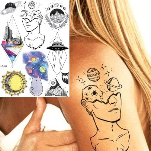 Black Planet Portrait Geometric UFO Galaxy Cats Tattoos Temporary Moon City Custom Tattoo Stickers Women Men Body Arm Tatoos DIY