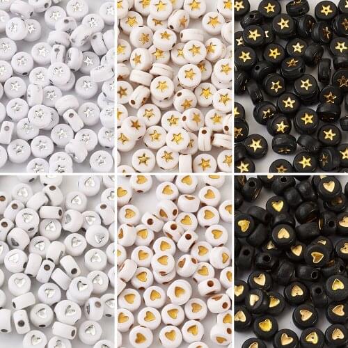600pcs Black White Acrylic Beads Flat Round with Star Heart Beads Loose Beads for Jewelry Making Handmade DIY Bracelets Necklace