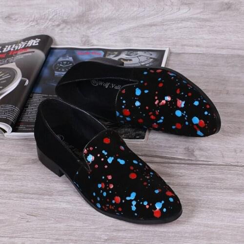 Christia Bella Personalized Handmade Colour Scrawl Man Suede Leather Loafers Shoes Nightclub Party Mens Smoking Slippers Shoes