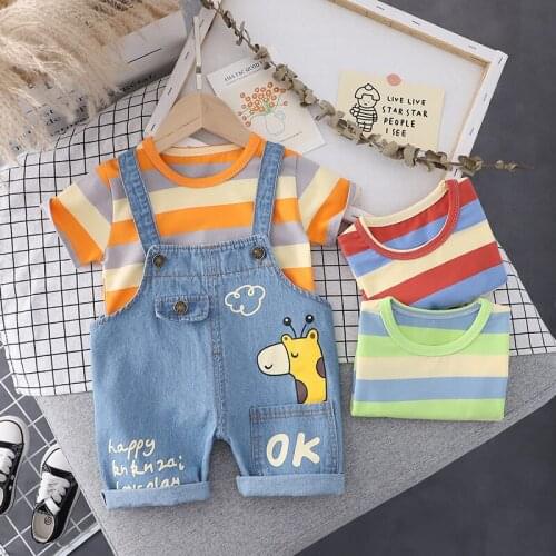 Summer Children Baby Boys Girls Clothes Infant Cartoon Strups Shirt Overalls Denim Pants 2Pcs/Sets Toddler Clothing Kids Suit