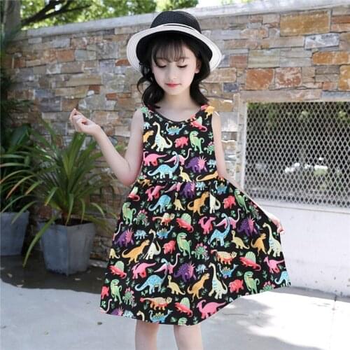 Kids Toddler Baby Girls clothes round neck Sleeveless Dinosaurs print lovely casual Princess Party cotton Dresses one pieces
