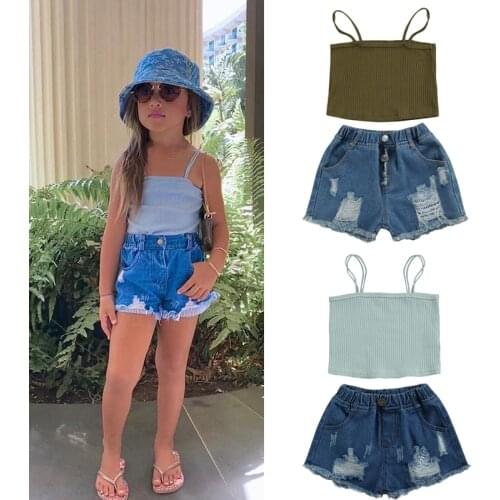FOCUSNORM 2-7Y Summer Fashion Girls Clothes Sets 2pcs Solid Strap Sleeveless Vest Tops Hole Denim Shorts 2 Colors