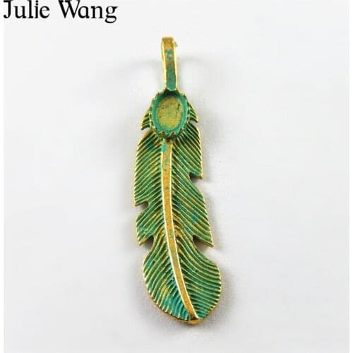 Julie Wang 20PCS Alloy Antique Green Pendant Charm Feather With Cabochon Base Necklace Findings Jewelry Making Metal Accessory