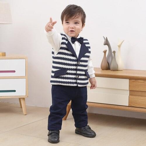 Baby Boy Clothes Set Winter Long Sleeve Gentlemans Dress 3pcs (Black Pants + White Cotton Shirt + Stripe Sweater Vest)
