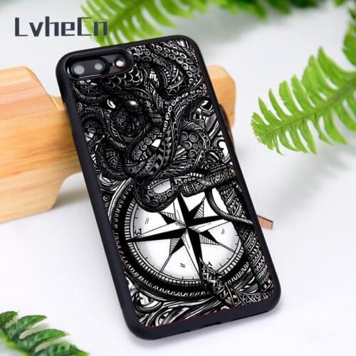 LvheCn Silicone Phone Case Cover for iPhone 6 6S 7 8 Plus X XS XR 11 12 Mini Pro Max Nautical sailor octopus compass sea anchor