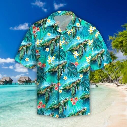 Fashion mens shirt Summer Casual Beach Short Sleeve Shirt 3D Printing Beautiful Sea Turtle and Tropical Flower Top Shirt CS02