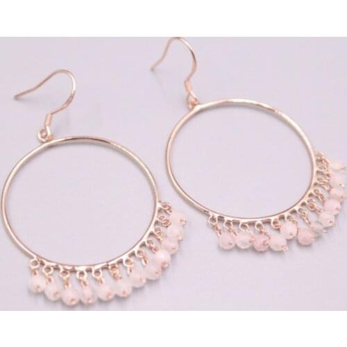 Real Silver 925 Earrings Dangle For Women Female Girl Yellow Gold Rose Beads Tassel Big Circle Earrings Hook
